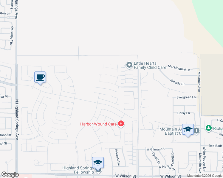 map of restaurants, bars, coffee shops, grocery stores, and more near 5155 Douglas Avenue in Banning