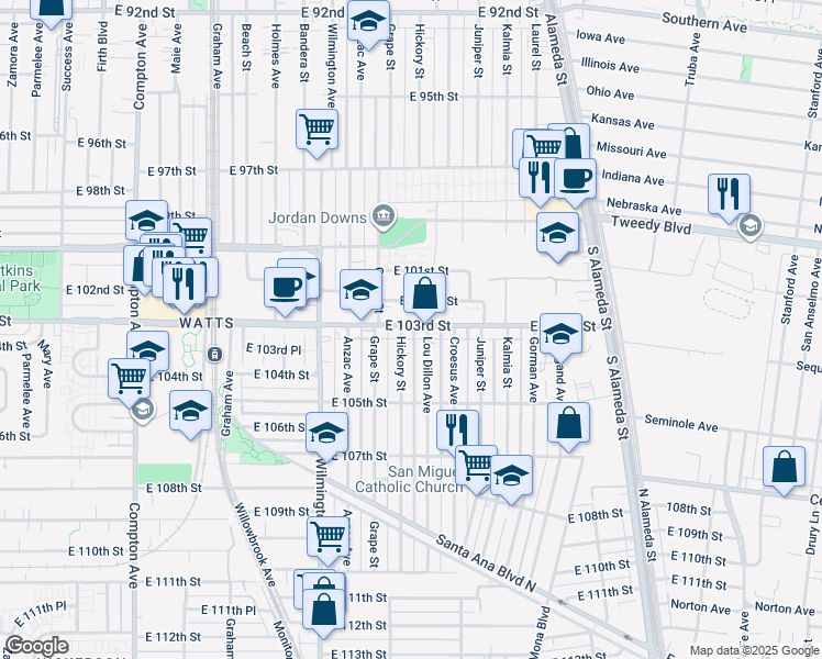 map of restaurants, bars, coffee shops, grocery stores, and more near 2056 East 103rd Street in Los Angeles