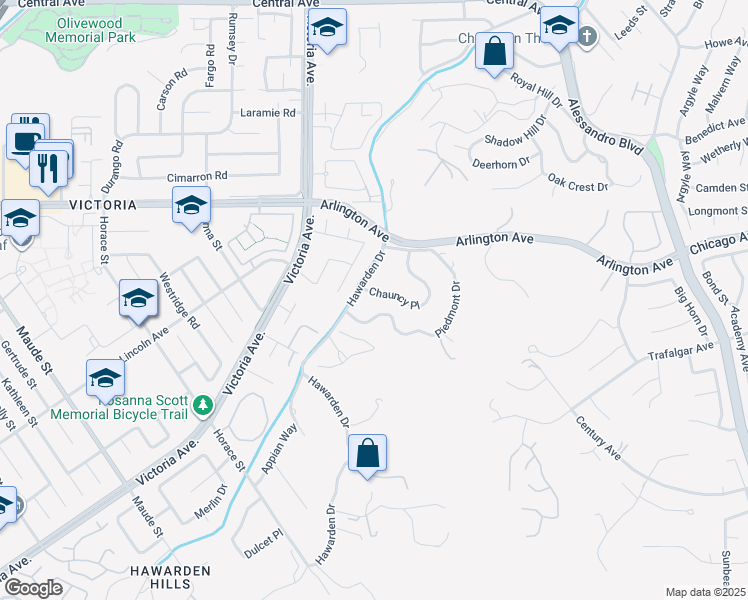 map of restaurants, bars, coffee shops, grocery stores, and more near 2612 Chauncy Place in Riverside