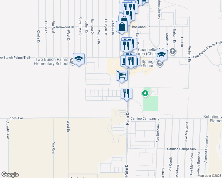 map of restaurants, bars, coffee shops, grocery stores, and more near 14777 Palm Drive in Desert Hot Springs