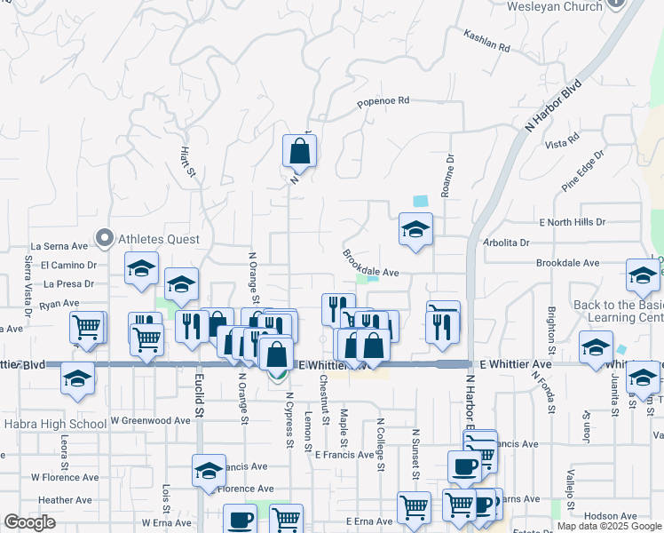 map of restaurants, bars, coffee shops, grocery stores, and more near 1192 Turndell Road in La Habra