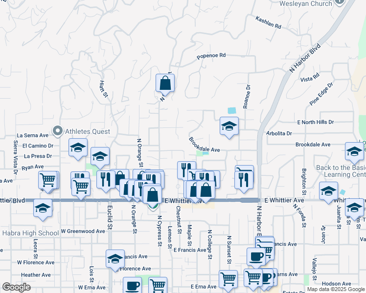 map of restaurants, bars, coffee shops, grocery stores, and more near 11111 Magda Lane in La Habra