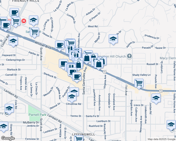 map of restaurants, bars, coffee shops, grocery stores, and more near 15742 Whittier Boulevard in Whittier