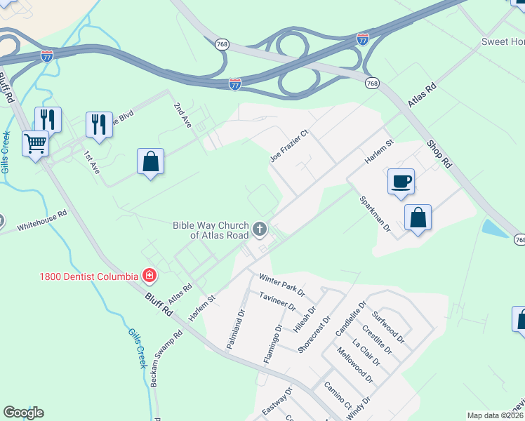 map of restaurants, bars, coffee shops, grocery stores, and more near 2309 Atlas Road in Columbia