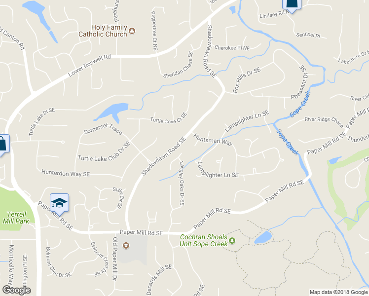 map of restaurants, bars, coffee shops, grocery stores, and more near 3724 Langley Oaks Place Southeast in Marietta