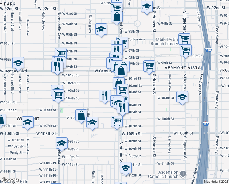 map of restaurants, bars, coffee shops, grocery stores, and more near 1016 West 103rd Street in Los Angeles