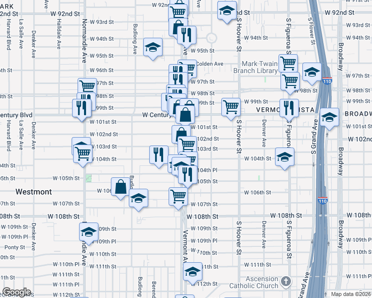 map of restaurants, bars, coffee shops, grocery stores, and more near South Vermont Avenue & West 103rd Street in Los Angeles