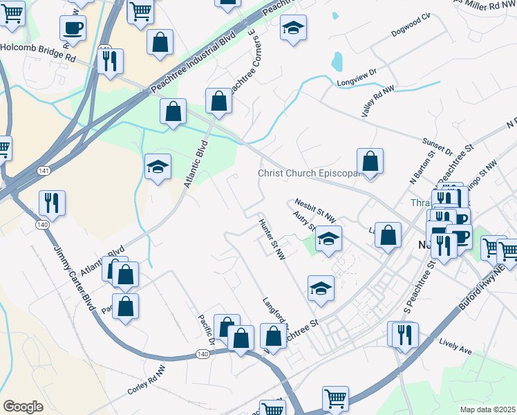 map of restaurants, bars, coffee shops, grocery stores, and more near 2835 Olde Town Park Drive in Norcross
