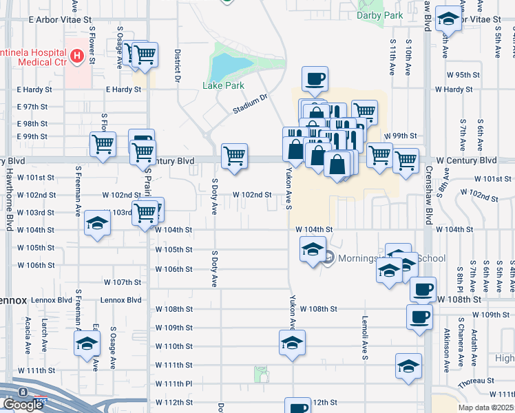 map of restaurants, bars, coffee shops, grocery stores, and more near 3640 West 102nd Street in Inglewood