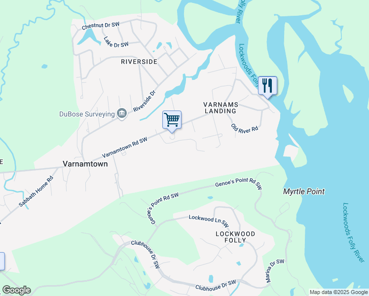 map of restaurants, bars, coffee shops, grocery stores, and more near 3250 Galloway Road in Varnamtown