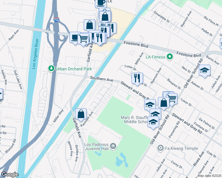 map of restaurants, bars, coffee shops, grocery stores, and more near 9534 Karmont Avenue in South Gate