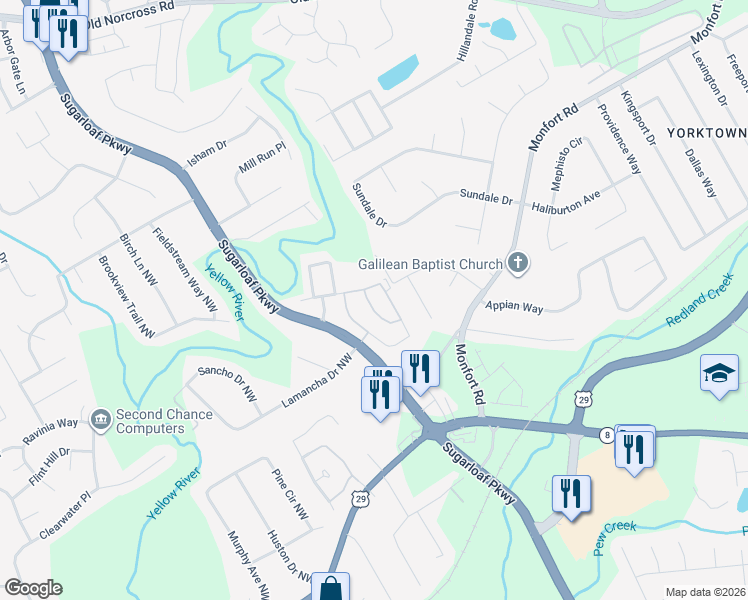 map of restaurants, bars, coffee shops, grocery stores, and more near 821 River Hill Drive in Lawrenceville
