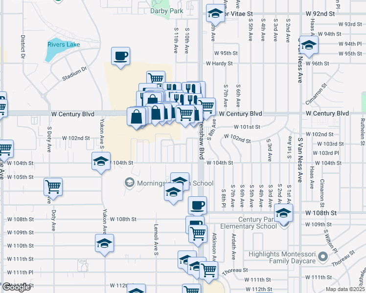 map of restaurants, bars, coffee shops, grocery stores, and more near 10215 South 10th Avenue in Inglewood