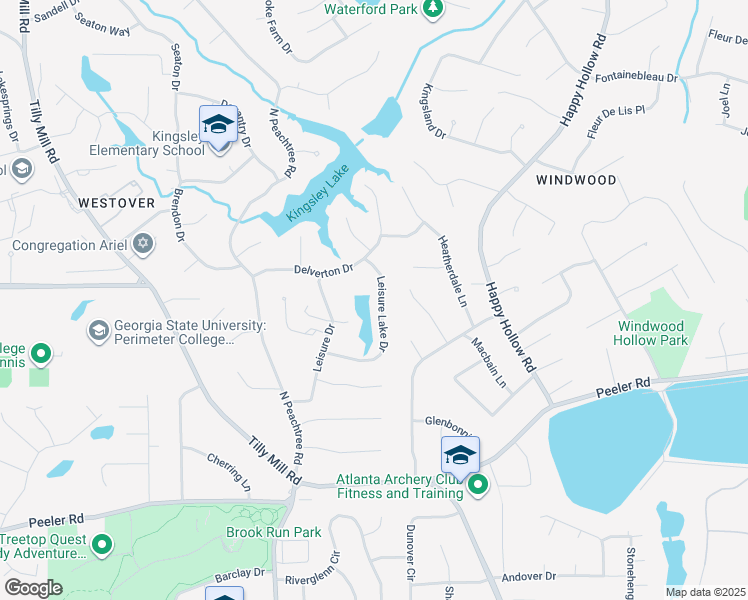 map of restaurants, bars, coffee shops, grocery stores, and more near 2420 Leisure Lake Drive in Dunwoody