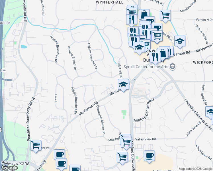 map of restaurants, bars, coffee shops, grocery stores, and more near 1140 Bellewood Square in Dunwoody
