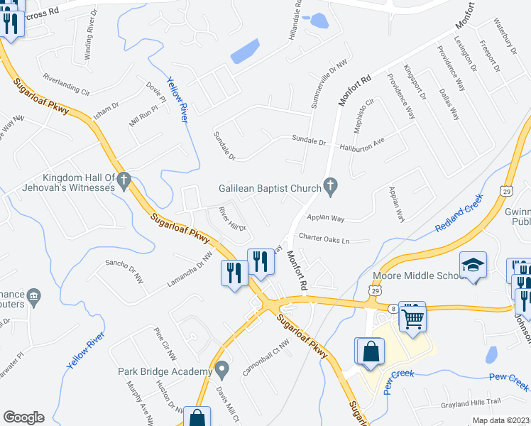 map of restaurants, bars, coffee shops, grocery stores, and more near 347 Rockland Way in Lawrenceville