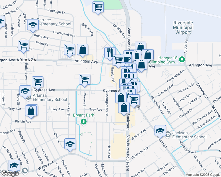 map of restaurants, bars, coffee shops, grocery stores, and more near 6100 Harold St in Riverside