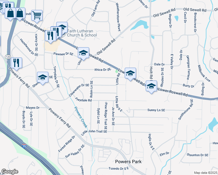map of restaurants, bars, coffee shops, grocery stores, and more near 2349 Clearwater Drive Southeast in Marietta