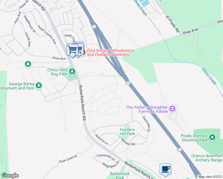 map of restaurants, bars, coffee shops, grocery stores, and more near 17124 Guarda Drive in Chino Hills