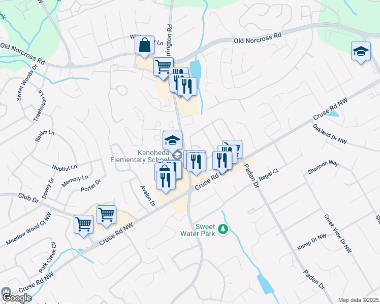 map of restaurants, bars, coffee shops, grocery stores, and more near 2660 Binghampton Lane in Lawrenceville