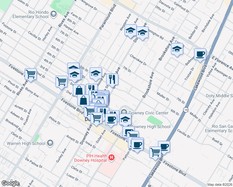 map of restaurants, bars, coffee shops, grocery stores, and more near 8317 La Villa Street in Downey
