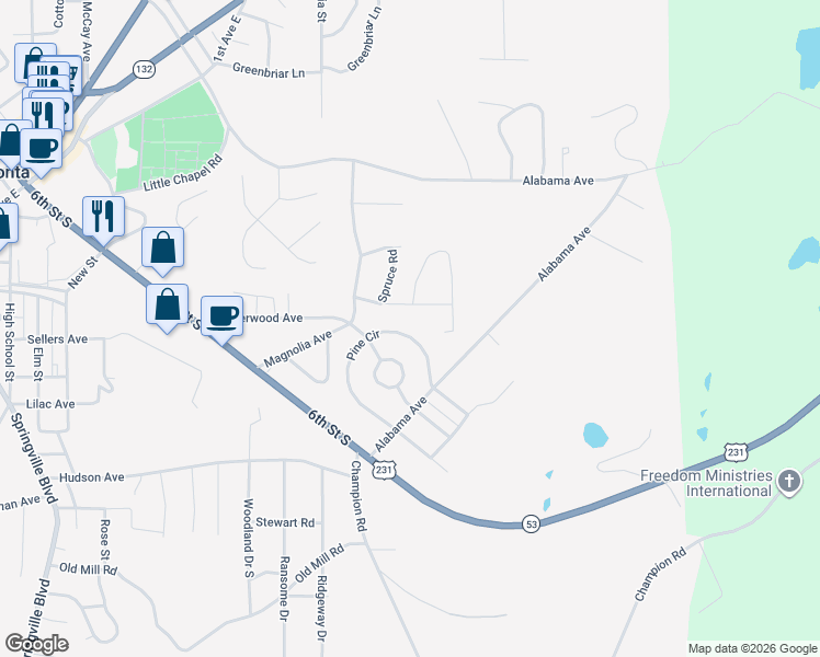 map of restaurants, bars, coffee shops, grocery stores, and more near 203 Meadow Lane in Oneonta