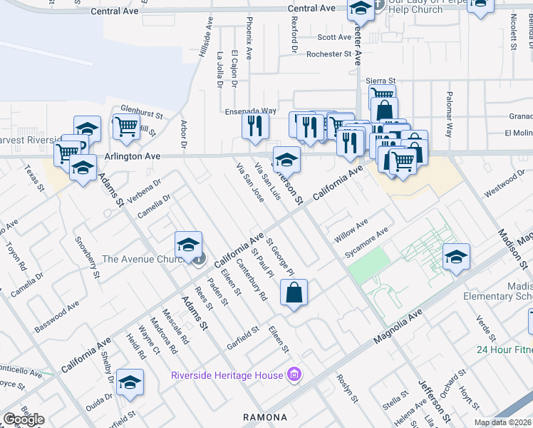 map of restaurants, bars, coffee shops, grocery stores, and more near 4232 Via San Jose in Riverside
