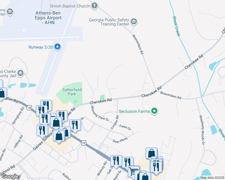 map of restaurants, bars, coffee shops, grocery stores, and more near 145 Candler Court in Athens