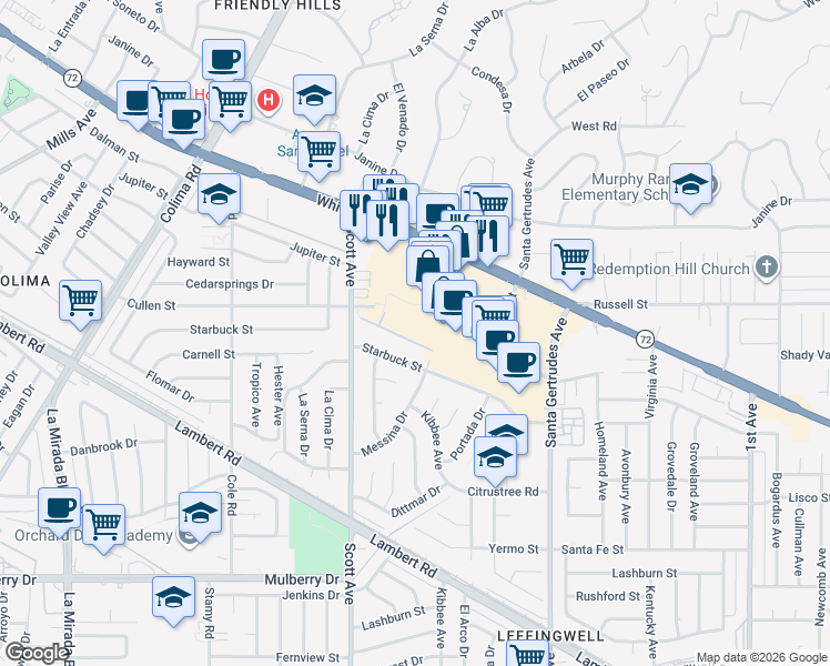 map of restaurants, bars, coffee shops, grocery stores, and more near 15405 Ashley Court in Whittier