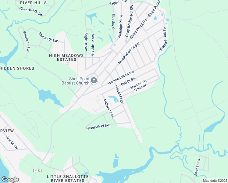 map of restaurants, bars, coffee shops, grocery stores, and more near 3013 Bird Drive Southwest in Shallotte