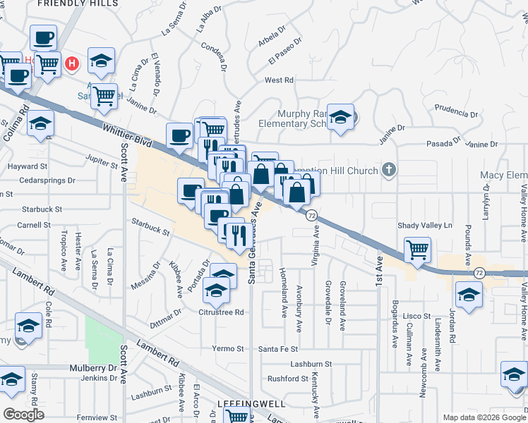 map of restaurants, bars, coffee shops, grocery stores, and more near 10334 Santa Gertrudes Avenue in Whittier