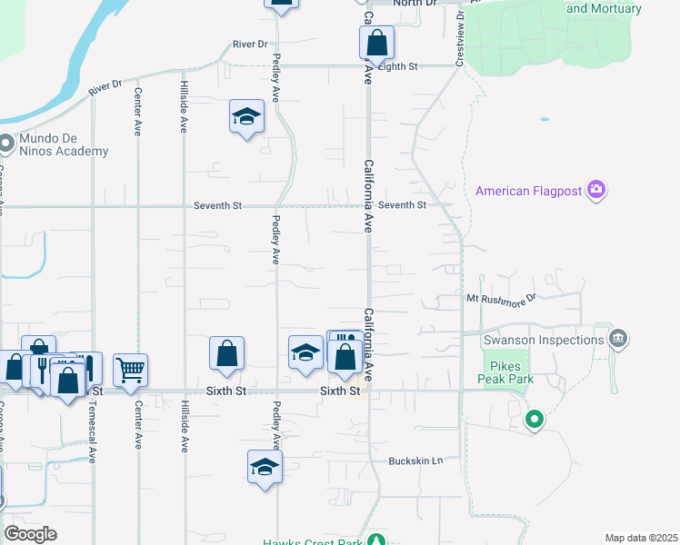 map of restaurants, bars, coffee shops, grocery stores, and more near 361 Spur Drive in Norco