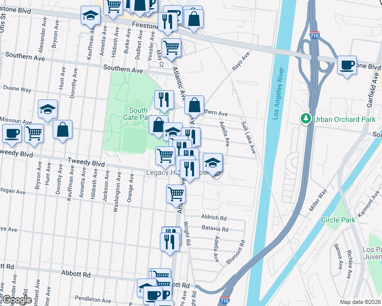 map of restaurants, bars, coffee shops, grocery stores, and more near in South Gate