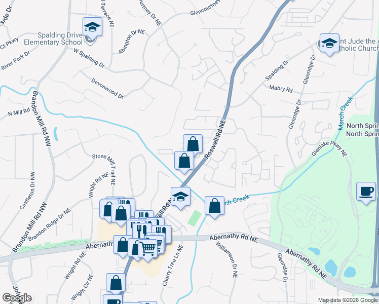 map of restaurants, bars, coffee shops, grocery stores, and more near 6900 Roswell Road in Sandy Springs