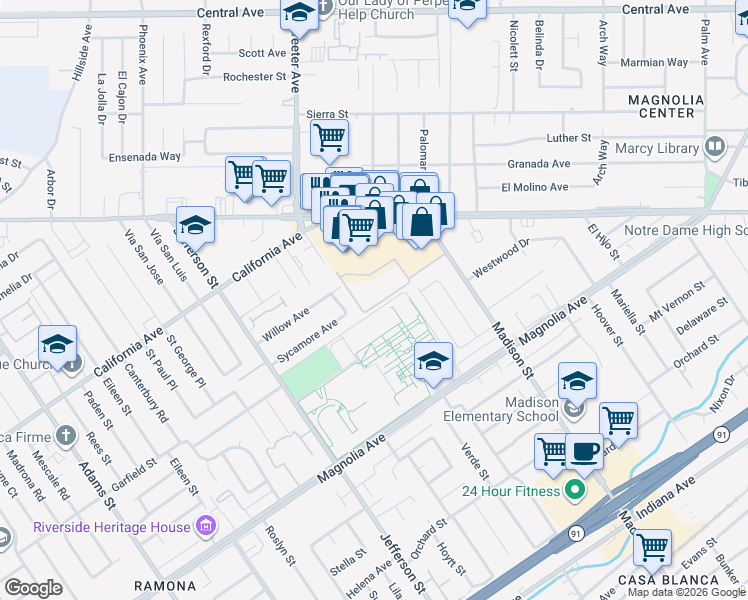 map of restaurants, bars, coffee shops, grocery stores, and more near 4010 Madison Street in Riverside