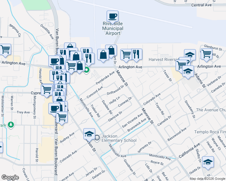 map of restaurants, bars, coffee shops, grocery stores, and more near 4792 Chadwick Place in Riverside