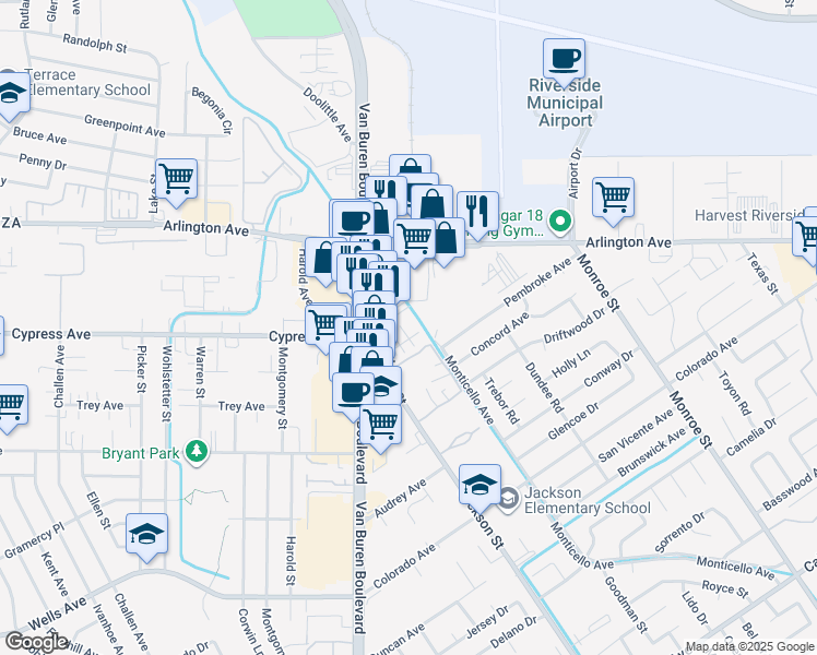 map of restaurants, bars, coffee shops, grocery stores, and more near 6191 Van Buren Boulevard in Riverside