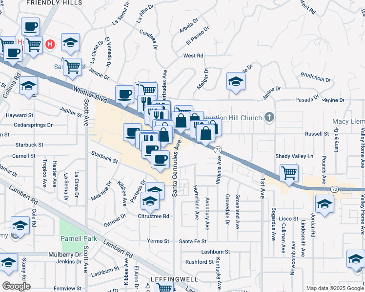map of restaurants, bars, coffee shops, grocery stores, and more near 15742 Whittier Boulevard in Whittier