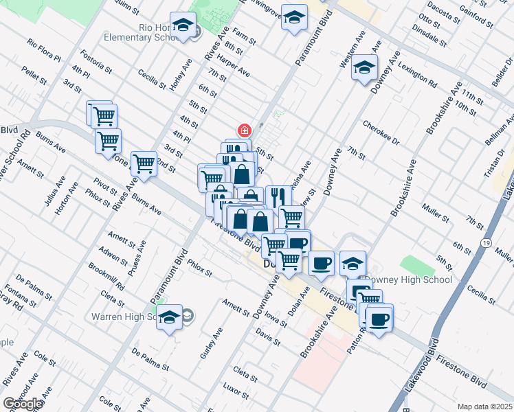 map of restaurants, bars, coffee shops, grocery stores, and more near 10981 Myrtle Street in Downey