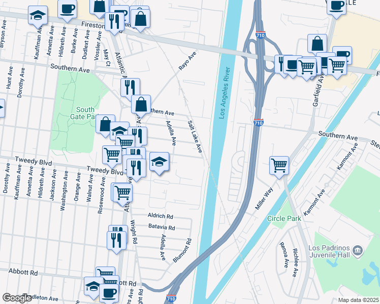 map of restaurants, bars, coffee shops, grocery stores, and more near 5252 Duncan Way in South Gate