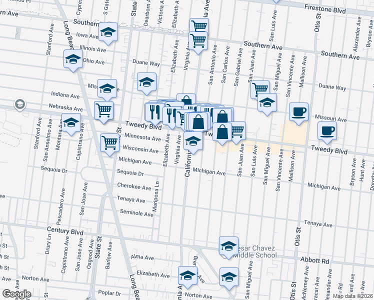 map of restaurants, bars, coffee shops, grocery stores, and more near 10025 California Avenue in South Gate