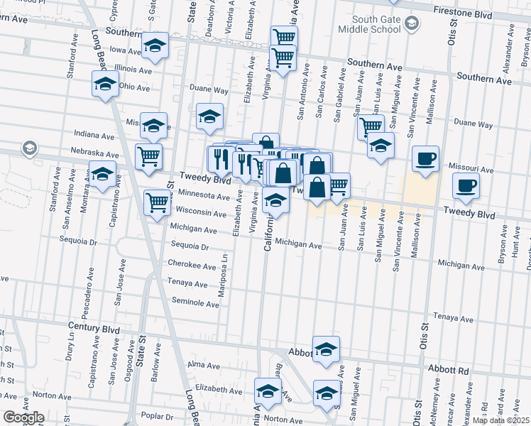 map of restaurants, bars, coffee shops, grocery stores, and more near 10000 California Avenue in South Gate