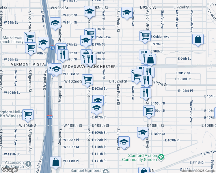 map of restaurants, bars, coffee shops, grocery stores, and more near 232 East 102nd Street in Los Angeles