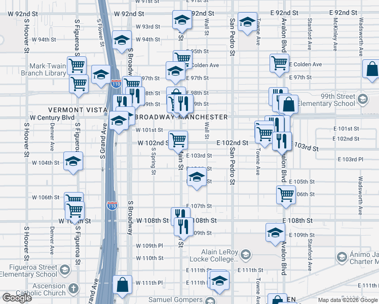 map of restaurants, bars, coffee shops, grocery stores, and more near 10206 South Main Street in Los Angeles