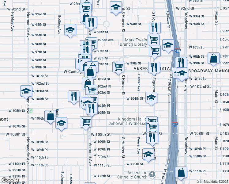 map of restaurants, bars, coffee shops, grocery stores, and more near 742 West 102nd Street in Los Angeles