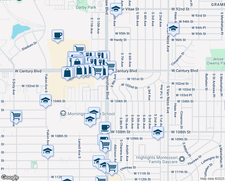 map of restaurants, bars, coffee shops, grocery stores, and more near 10201 South 8th Avenue in Inglewood