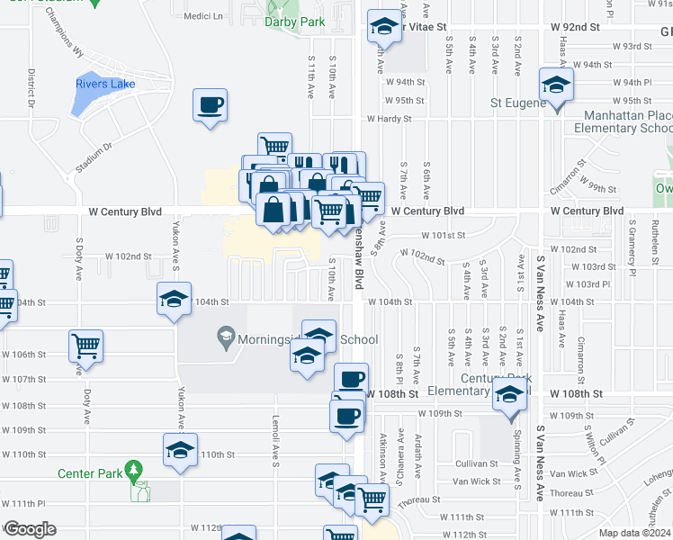 map of restaurants, bars, coffee shops, grocery stores, and more near 10202 South 10th Avenue in Inglewood