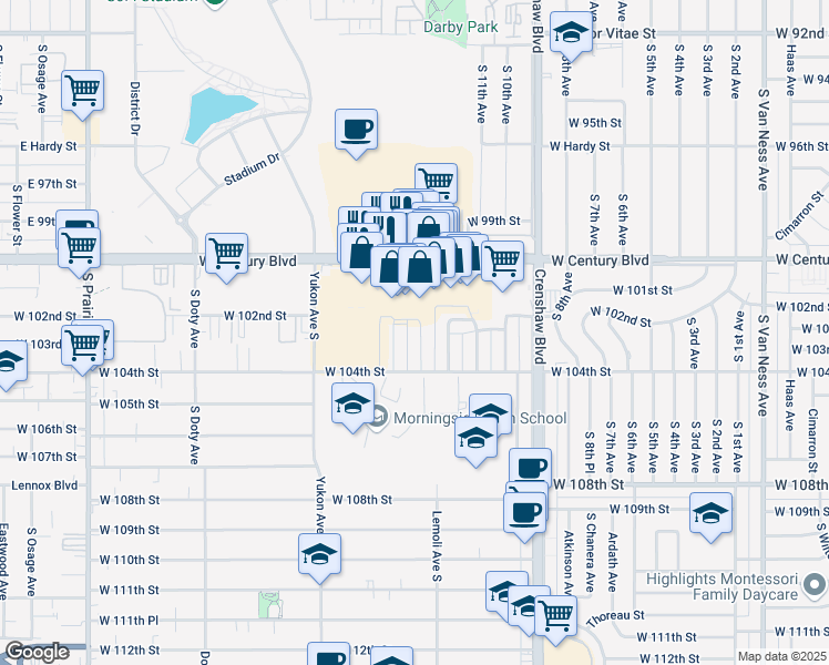 map of restaurants, bars, coffee shops, grocery stores, and more near 10202 Dixon Avenue South in Inglewood