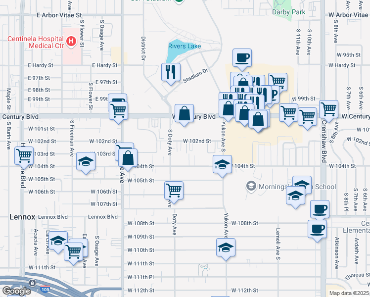 map of restaurants, bars, coffee shops, grocery stores, and more near 3710 West 102nd Street in Inglewood