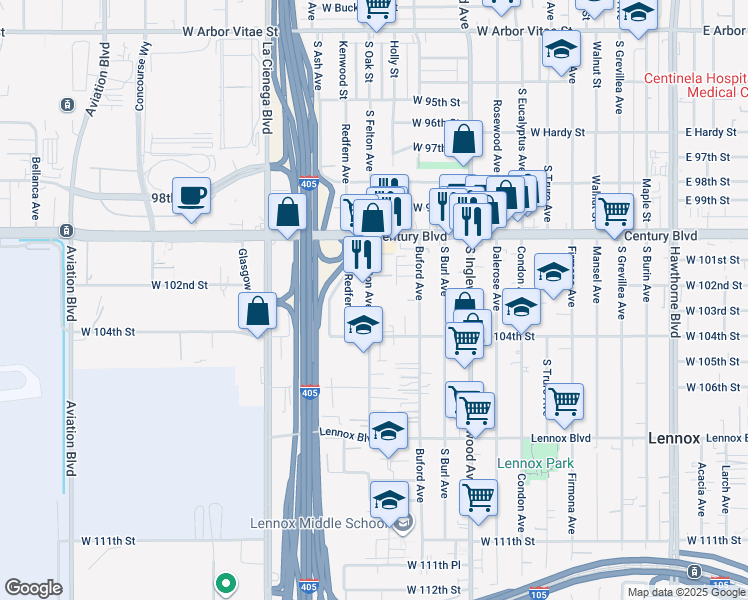 map of restaurants, bars, coffee shops, grocery stores, and more near 10202 Felton Avenue in Inglewood